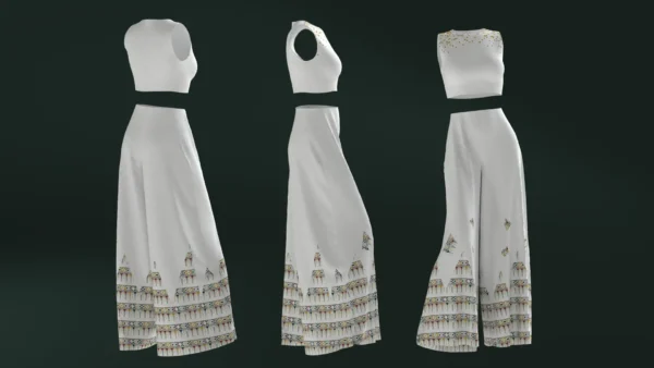Pants and white blouse with an open belly with an Arabic Sadu print_Custom_View_2 بنطال وبلوزة بيضاء مع طباعة سدو