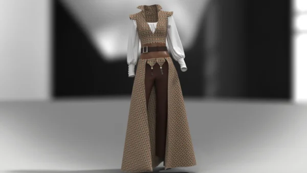 جمبسوت نسائي بزخارف بنية وأكمام بيضاء