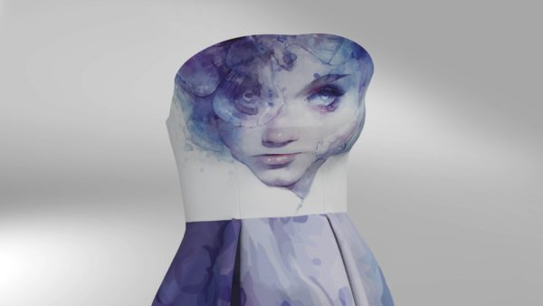 فستان بدون أكتاف مع طبعة بورتريه – CLO3D